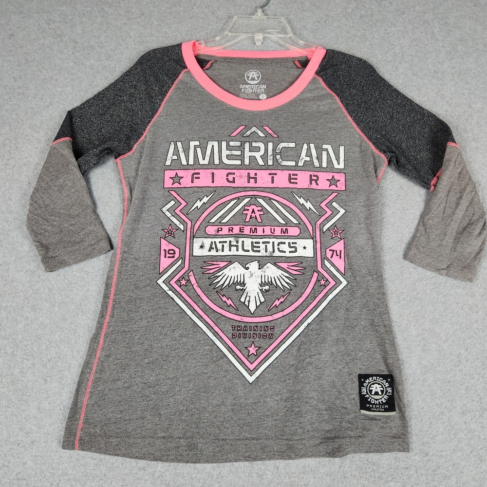 American Fighter Raglan Shirt Womens Large Gray Black Graphic Cotton Round Neck